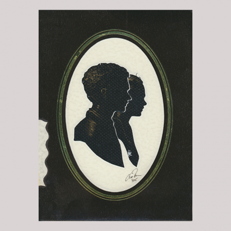 
        Front of silhouette, with two boys looking right. Close-up the boy; in the background a girl.